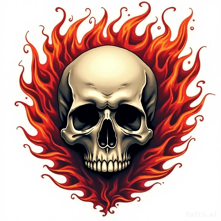 Tattoo design: Skull wreathed in smoke and flame, neo-traditional bold color treatment, isolate