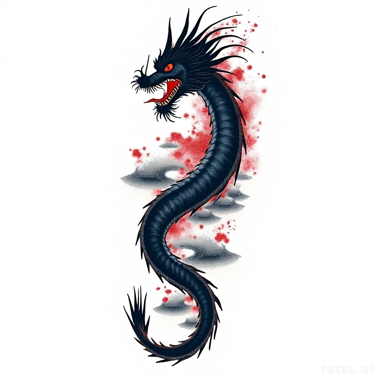 Tattoo design: Japanese dragon and wave full sleeve panel tattoo design, irezumi style, bold bl
