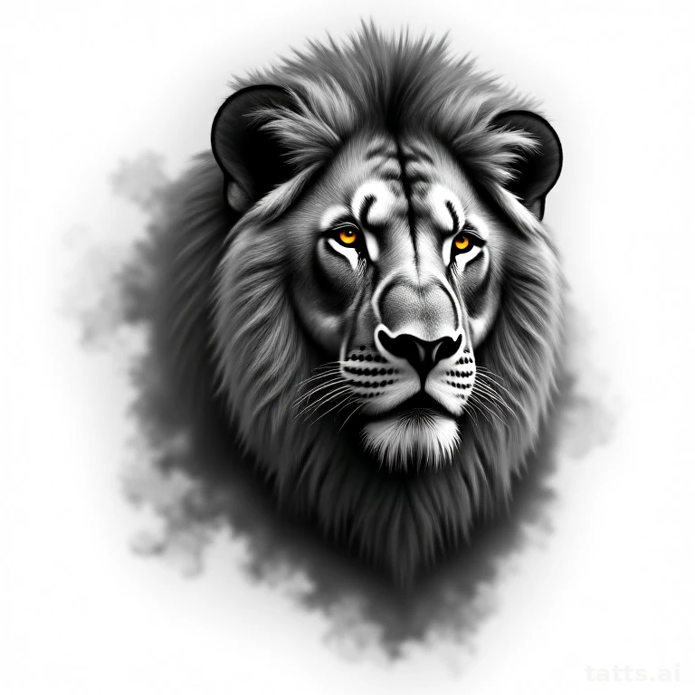 Tattoo design: black and grey realism lion portrait tattoo design, photorealistic shading, smok
