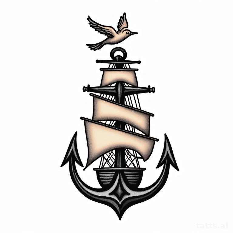 Tattoo design: traditional nautical sleeve composition tattoo design, ship and anchor and swall