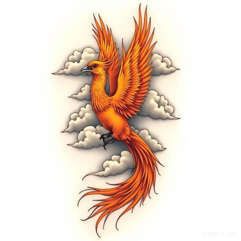Tattoo design: phoenix rising through clouds sleeve panel tattoo design, neo-traditional style,