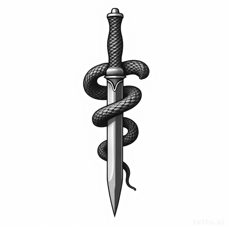 Tattoo design: Snake coiling around a dagger, American traditional bold outline, clean flat col
