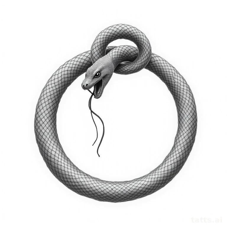 Tattoo design: Ouroboros snake biting its own tail forming a circle, blackwork style, clean sol