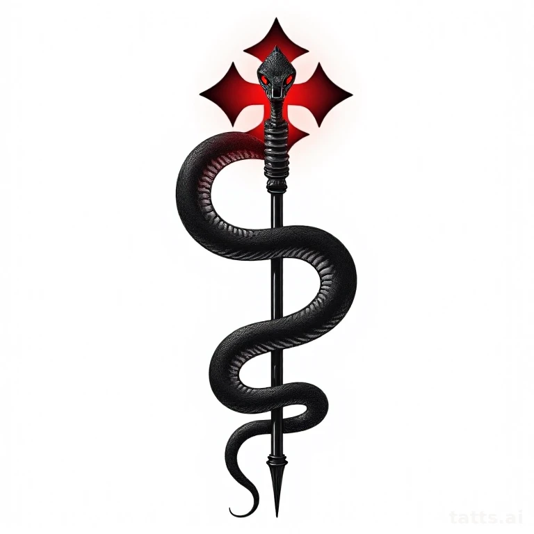 Tattoo design: Snake wrapped around a medical staff, rod of Asclepius design, clean black and r