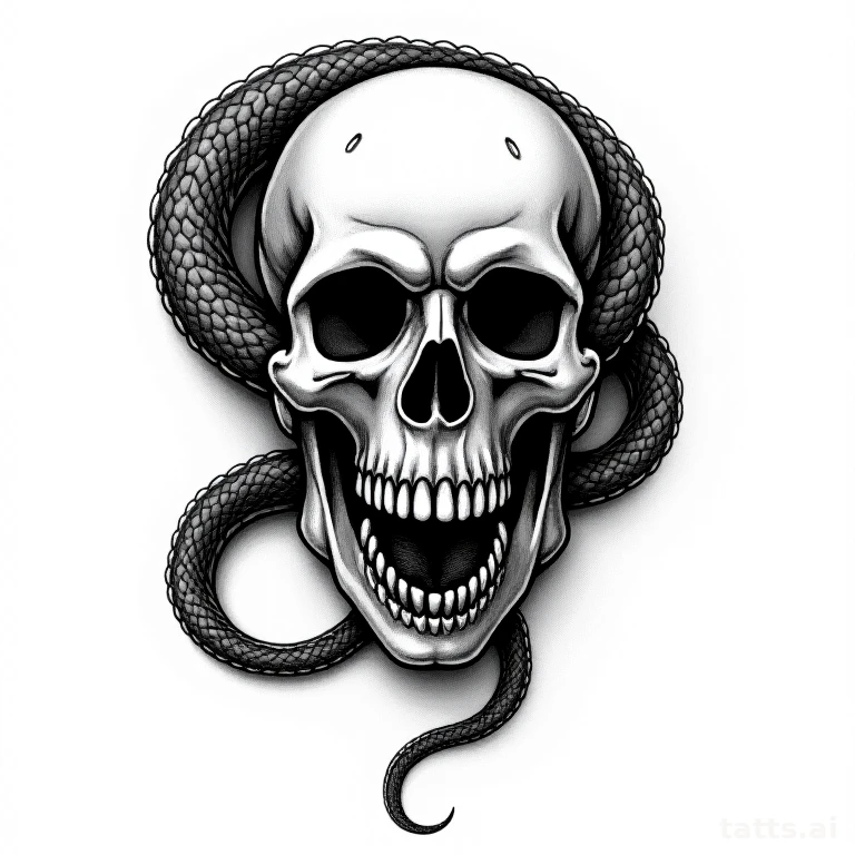 Tattoo design: Snake coiling through a skull's eye sockets and jaw, dark blackwork illustrative