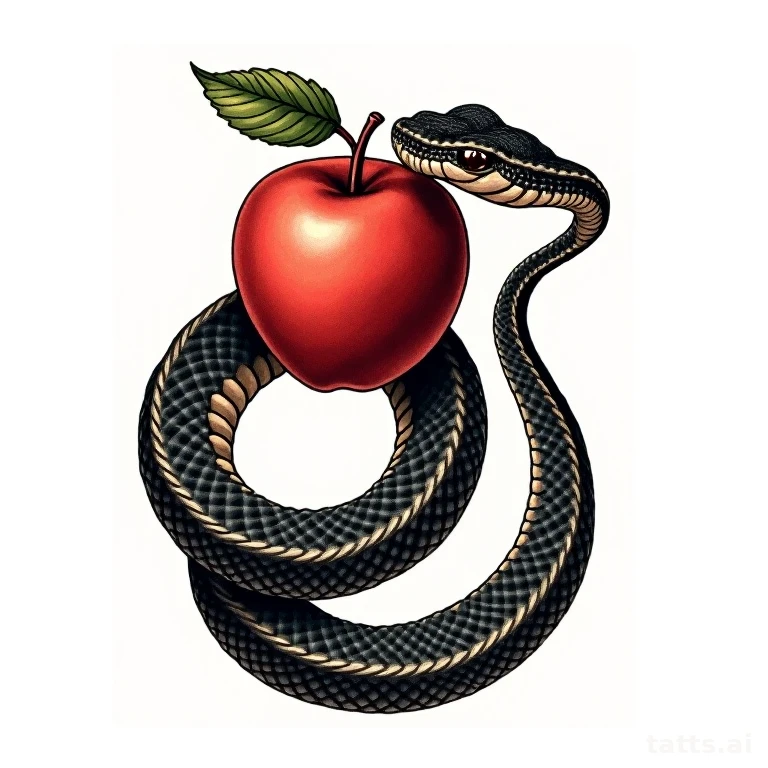 Tattoo design: Snake and apple composition, Garden of Eden temptation design, neo-traditional b