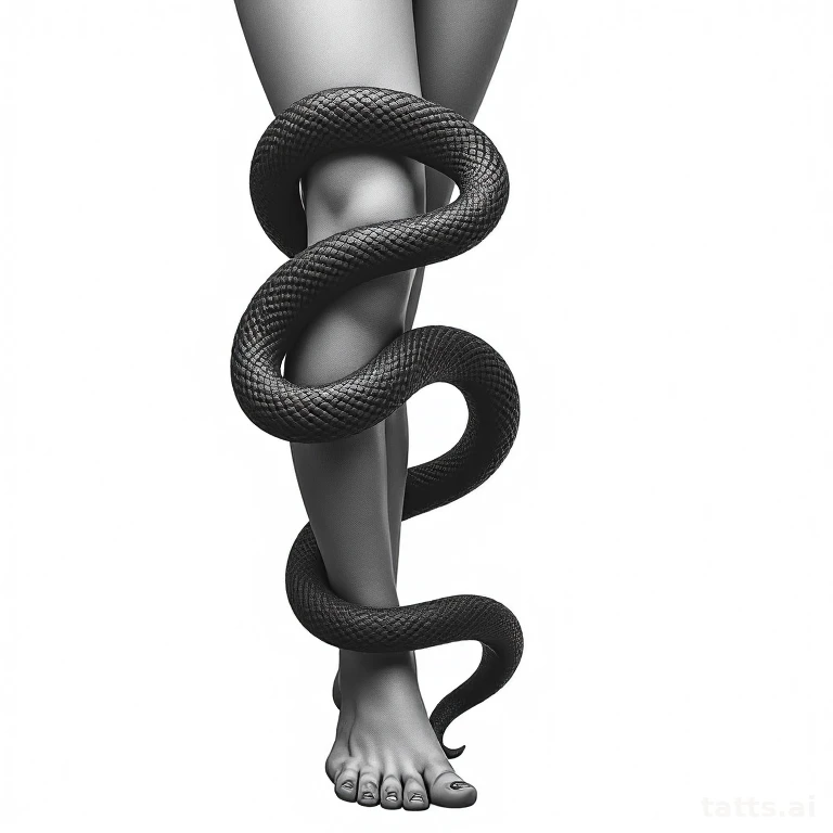 Tattoo design: coiled snake thigh tattoo design, realistic scale texture, dynamic wraparound co