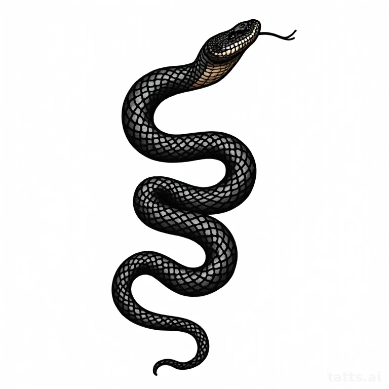 Tattoo design: blackwork snake thigh tattoo design, solid black scale pattern, bold graphic con