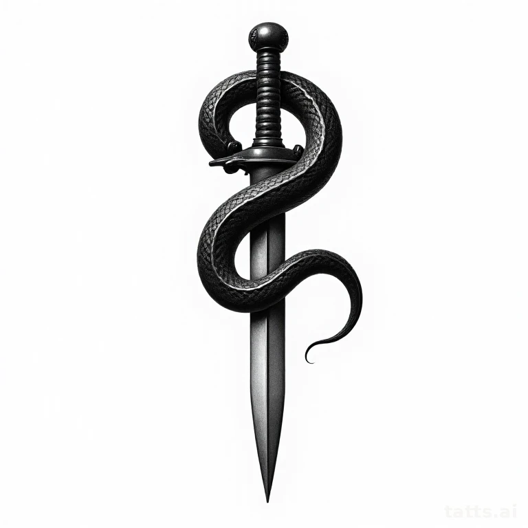 Tattoo design: snake and dagger thigh tattoo design, coiled around blade, dramatic composition,