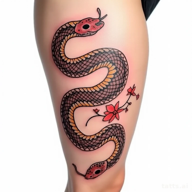 Tattoo design: Japanese hebi snake thigh tattoo design, traditional irezumi scale pattern, bold