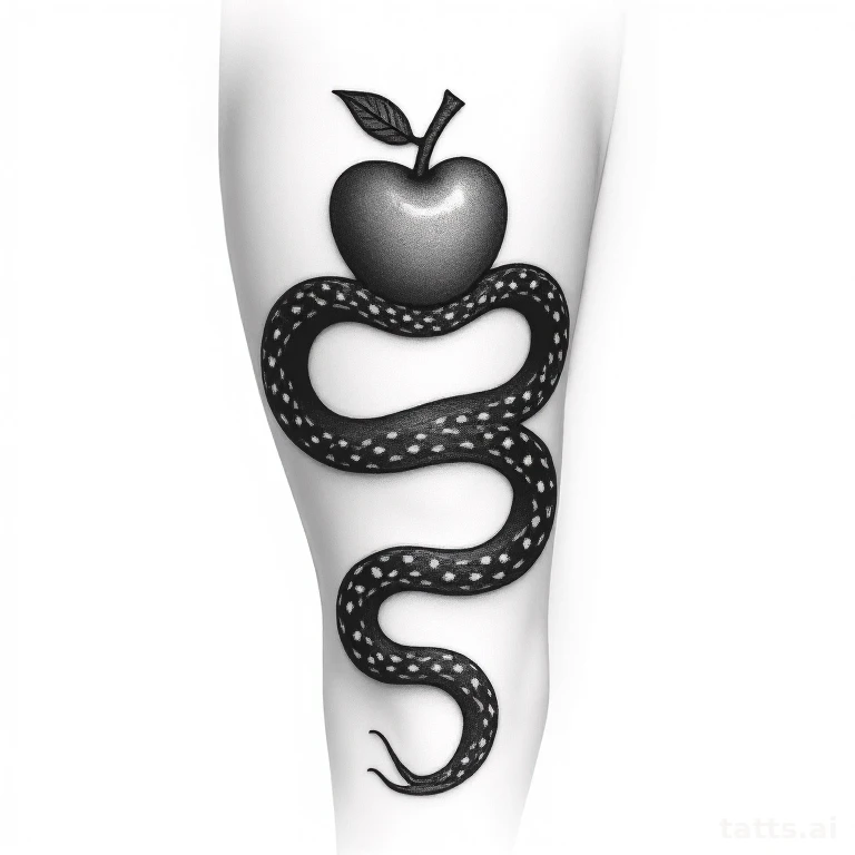 Tattoo design: snake and apple thigh tattoo design, biblical symbolism, fine detailed linework,