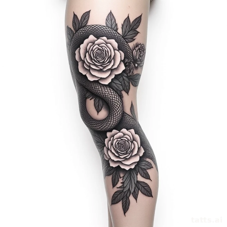 Tattoo design: snake and floral thigh tattoo design, coiled through roses, full composition wra