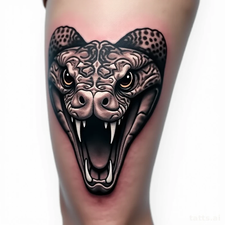 Tattoo design: snake head close-up thigh tattoo design, detailed fangs and eyes, dramatic shado