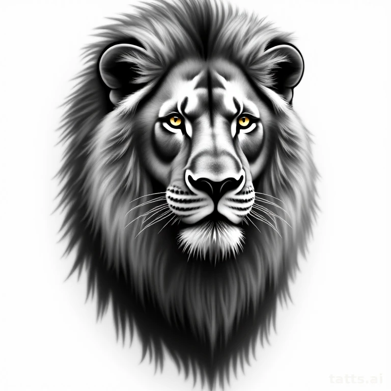 Tattoo design: large detailed lion portrait thigh piece tattoo design, realism style, black and