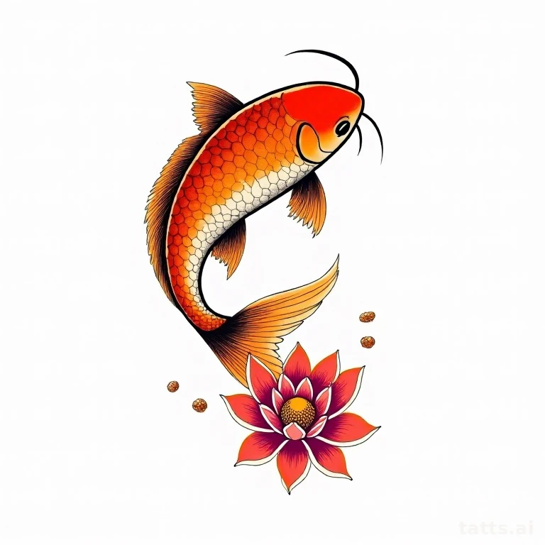 Tattoo design: Japanese koi fish and lotus thigh panel tattoo design, irezumi style, bold outli
