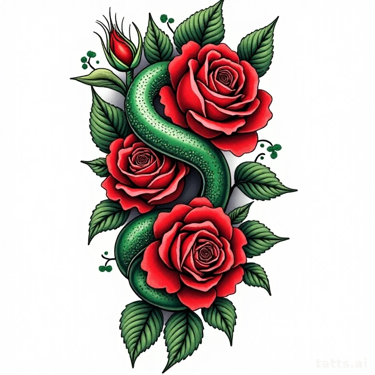 Tattoo design: snake coiling through roses thigh piece tattoo design, neo-traditional style, bo