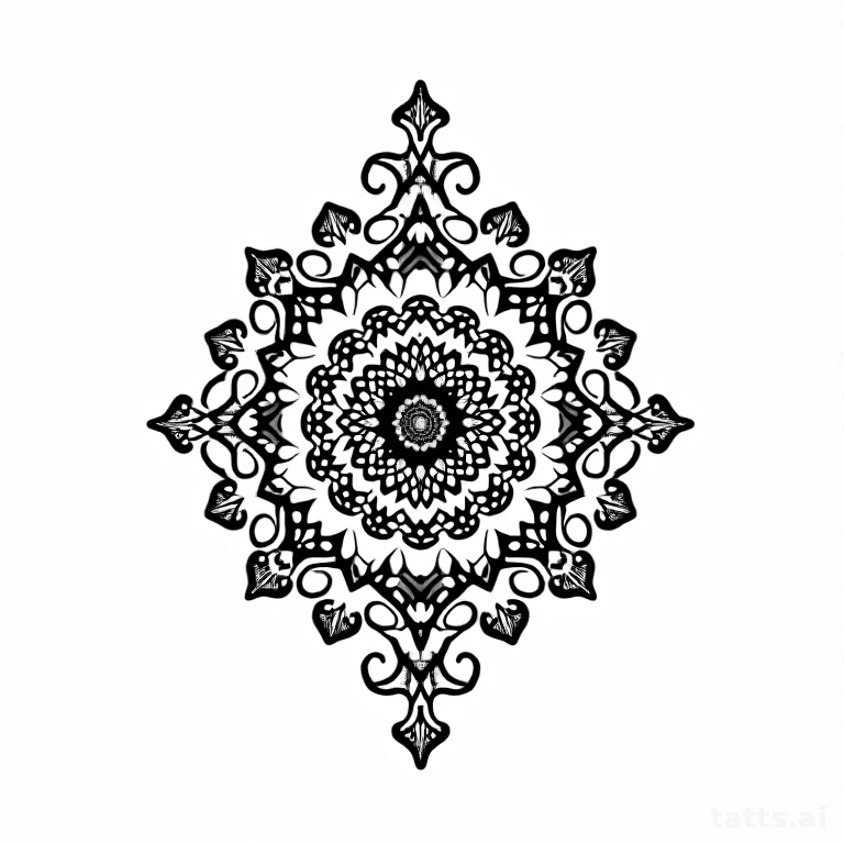 Tattoo design: geometric mandala large thigh piece tattoo design, precise dotwork style, clean 