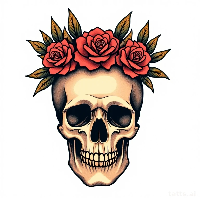 Tattoo design: skull with floral crown thigh piece tattoo design, traditional style, bold black