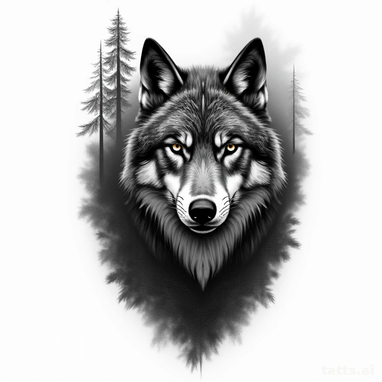 Tattoo design: wolf portrait in forest scene thigh tattoo design, realism style, detailed black