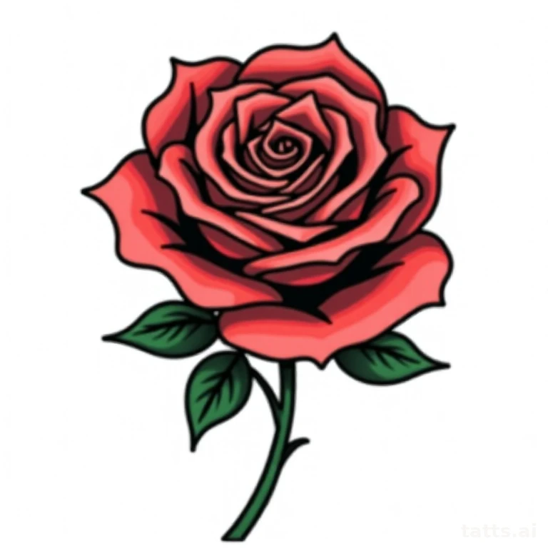 Tattoo design: traditional rose tattoo design, bold black outline, flat red and green color fil