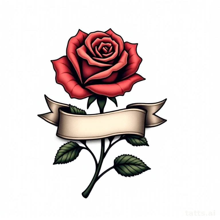 Tattoo design: traditional rose with banner tattoo design, ribbon scroll beneath bloom, classic
