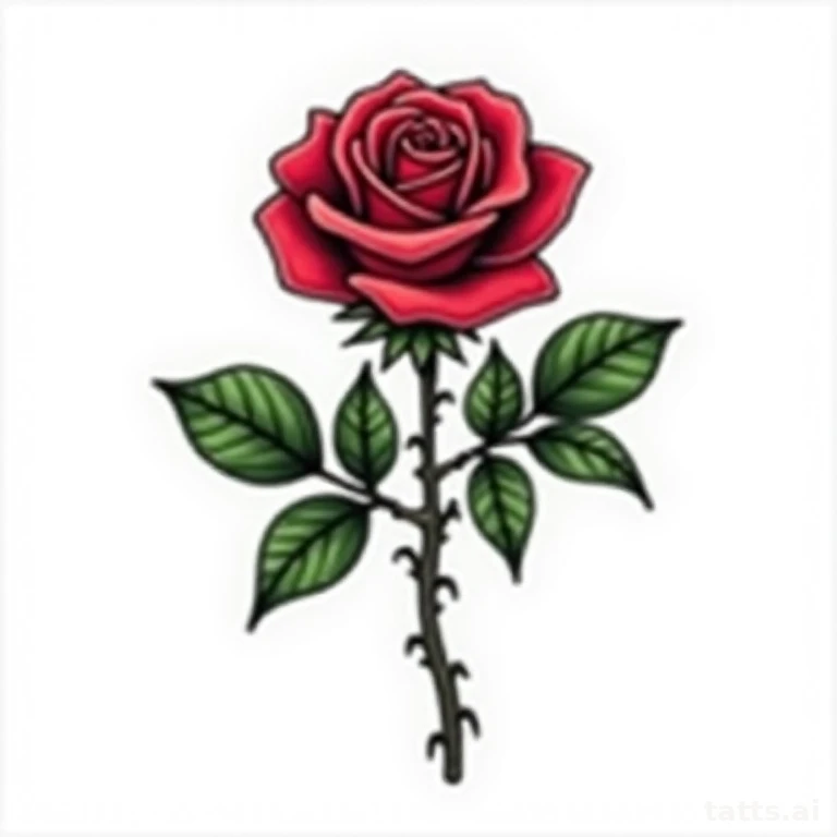 Tattoo design: traditional rose and thorned stem tattoo design, bold green leaves, saturated re