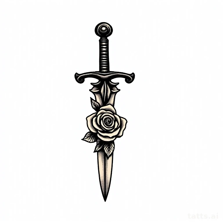 Tattoo design: traditional rose and dagger tattoo design, classic sailor jerry motif, bold line