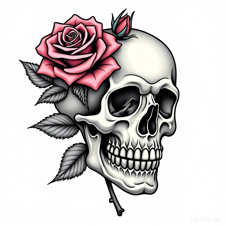 Tattoo design: traditional rose and skull tattoo design, memento mori pairing, bold outline cla