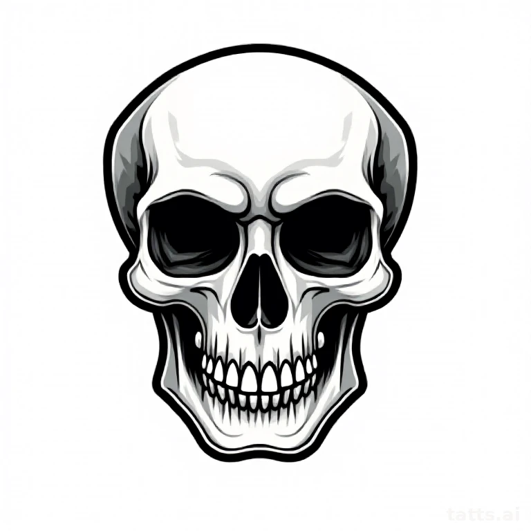 Tattoo design: traditional skull tattoo design, bold black outline, flat shading, American trad