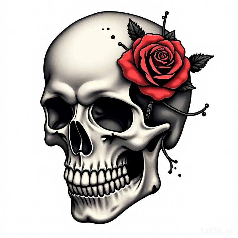 Tattoo design: traditional skull and rose tattoo design, rose in eye socket, classic sailor jer