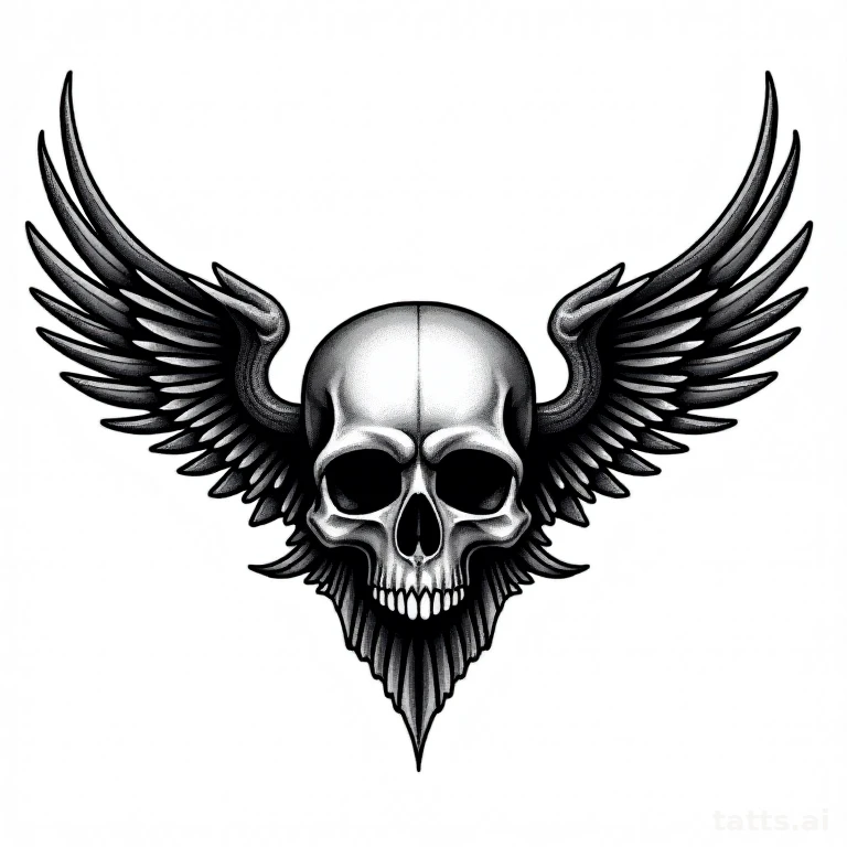 Tattoo design: traditional skull with wings tattoo design, symmetrical composition, bold linewo
