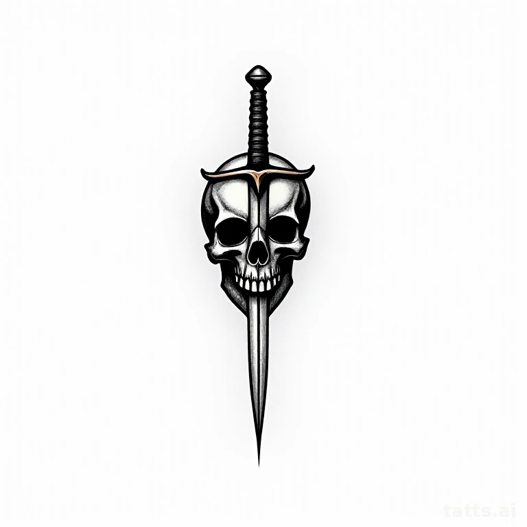 Tattoo design: traditional skull and dagger tattoo design, blade through eye socket, classic fl