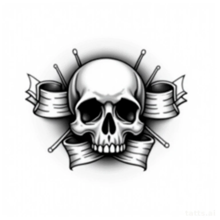 Tattoo design: traditional skull with banner tattoo design, ribbon scroll below jaw, classic am