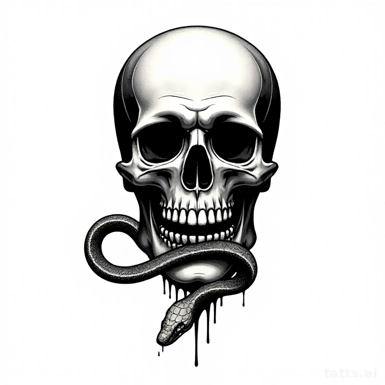 Tattoo design: traditional skull and snake tattoo design, serpent coiled through sockets, bold