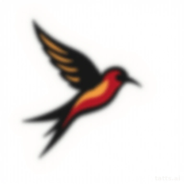 Tattoo design: traditional swallow bird tattoo design, bold black outline, flat red and gold co