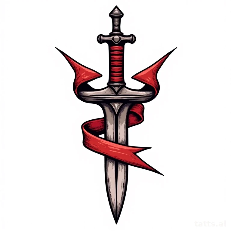 Tattoo design: traditional dagger through banner tattoo design, bold outline, flat color fill r