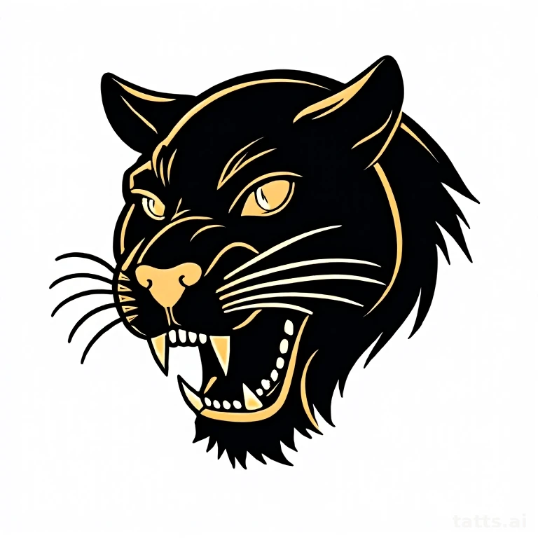 Tattoo design: traditional panther head tattoo design, bold black linework, flat black and gold