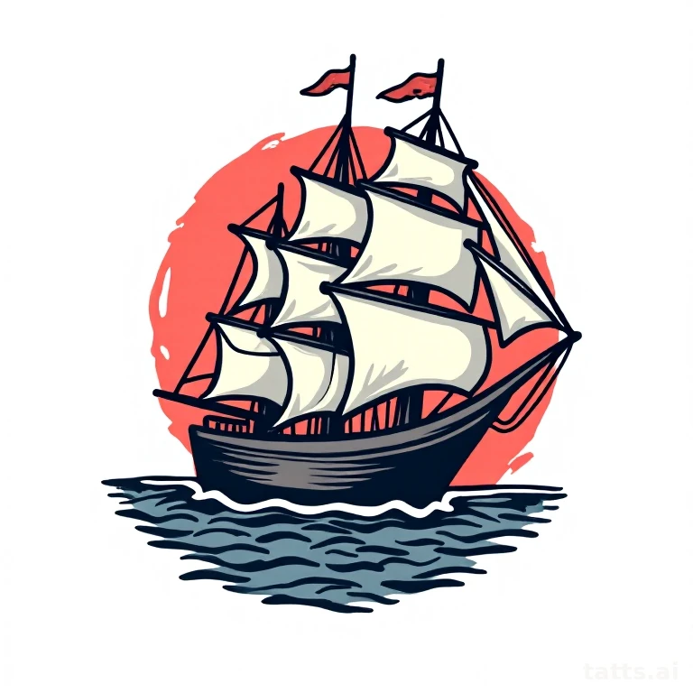Tattoo design: traditional pin-up style ship tattoo design, thick outline, flat navy and red co
