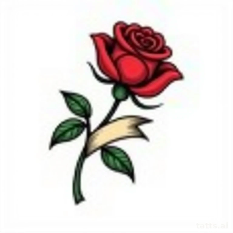 Tattoo design: traditional rose with banner tattoo design, bold black keyline, flat red petals 