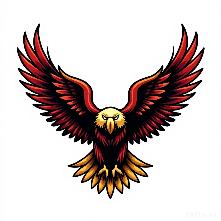 Tattoo design: traditional eagle with spread wings tattoo design, thick black outline, flat gol