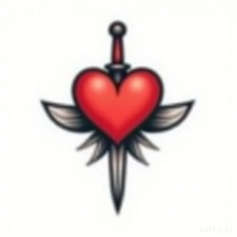 Tattoo design: traditional heart with dagger tattoo design, bold keyline, flat red and black co