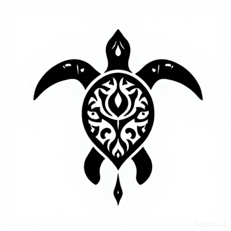 Tattoo design: tribal turtle pattern tattoo design, bold black shapes with repeating tribal mot