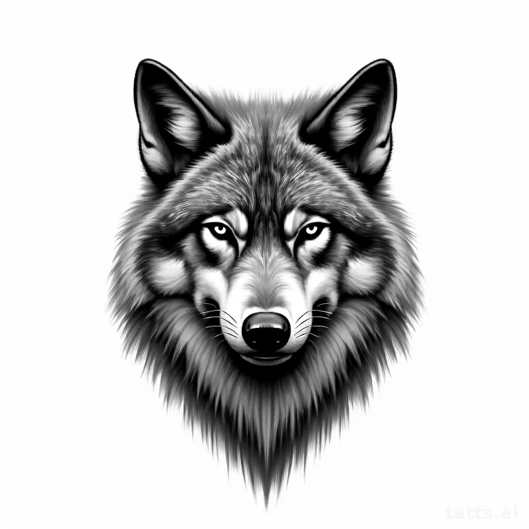 Tattoo design: realistic wolf face chest tattoo design, symmetrical fur spanning sternum, drama