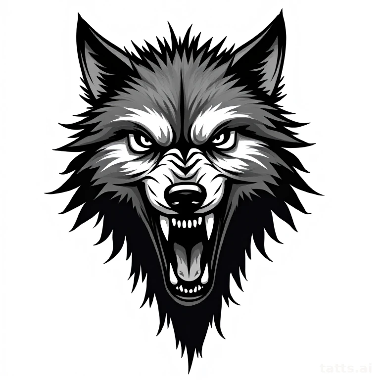 Tattoo design: snarling wolf chest tattoo design, aggressive expression, sharp fang detail, bol