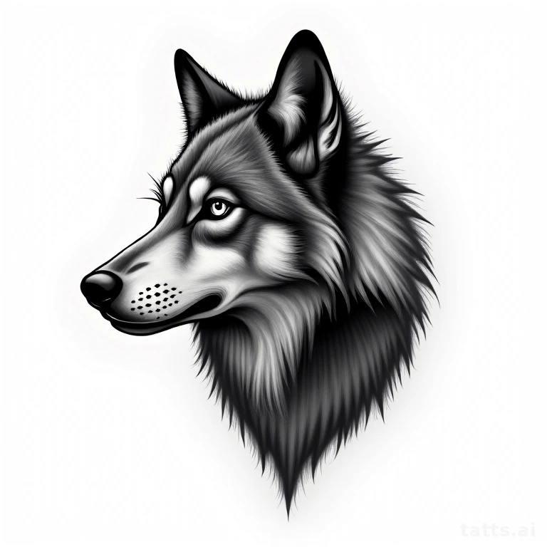 Tattoo design: wolf head single pec tattoo design, side placement composition, cool gray fur sh