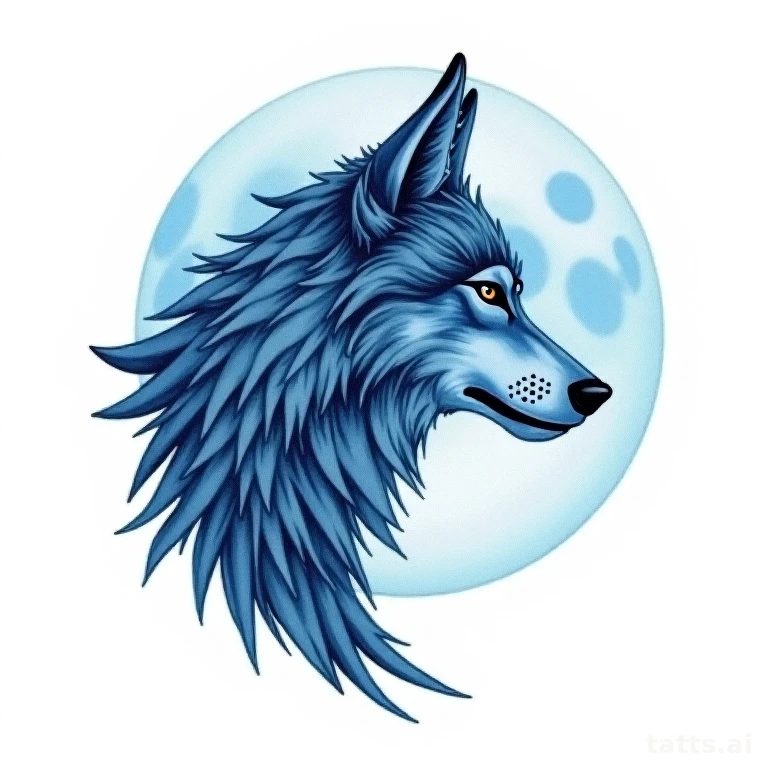 Tattoo design: wolf and moon chest tattoo design, centered symmetrical layout, icy blue accent