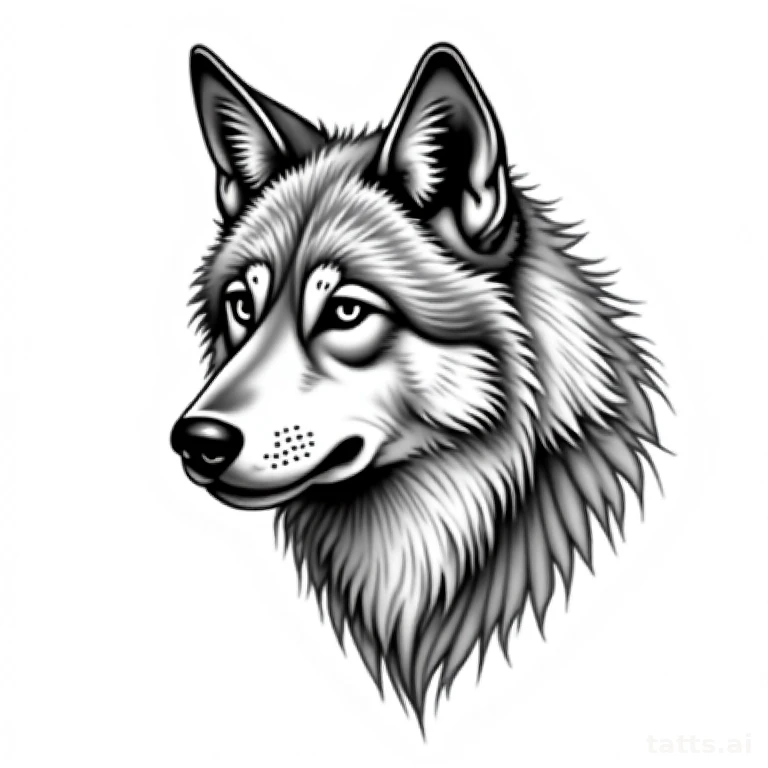 Tattoo design: calm forward-facing wolf chest tattoo design, watchful protective expression, fi