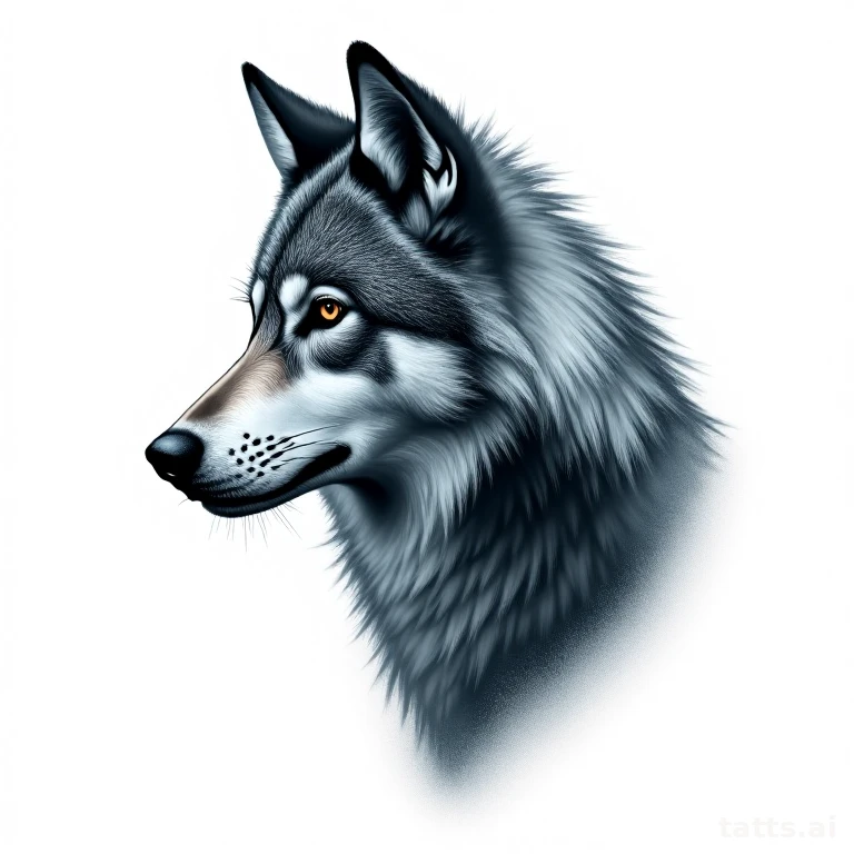 Tattoo design: wolf chest piece tattoo design with snow texture, winter forest background, cool