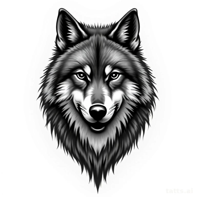 Tattoo design: black and gray wolf chest tattoo design, three-quarter face angle, deep shadow d