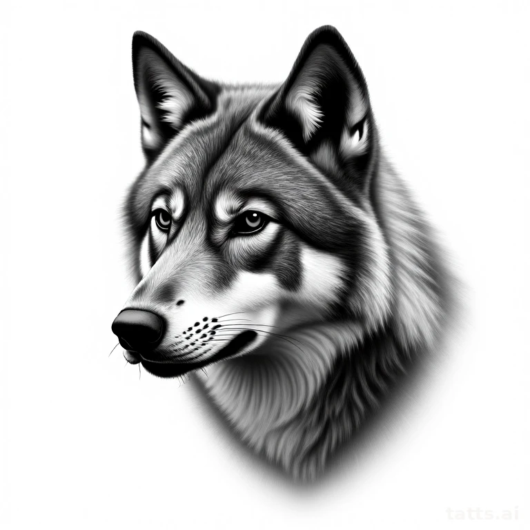 Tattoo design: Photorealistic wolf portrait with detailed fur texture, black and grey shading, 